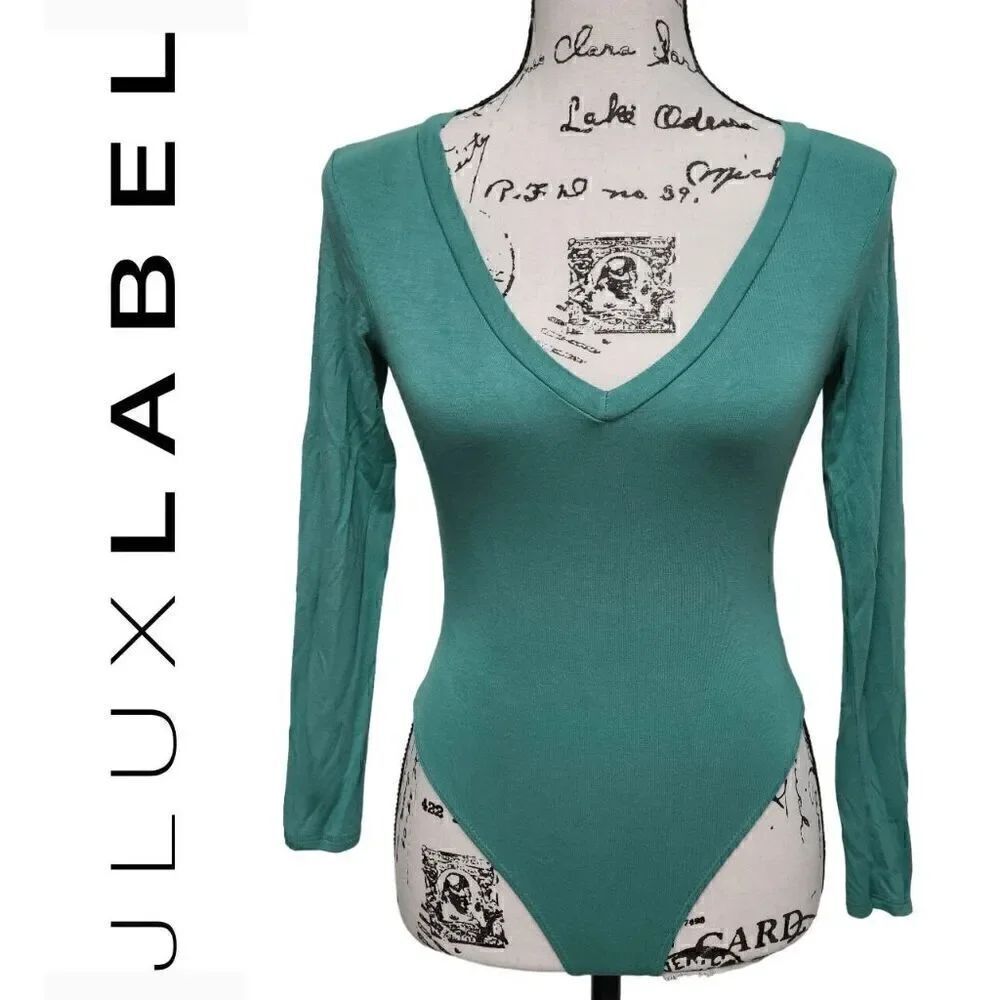 💚 JLUXLABEL Long Sleeve Deep V-Neck Green Snap Button Thong Bodysuit SIZE S